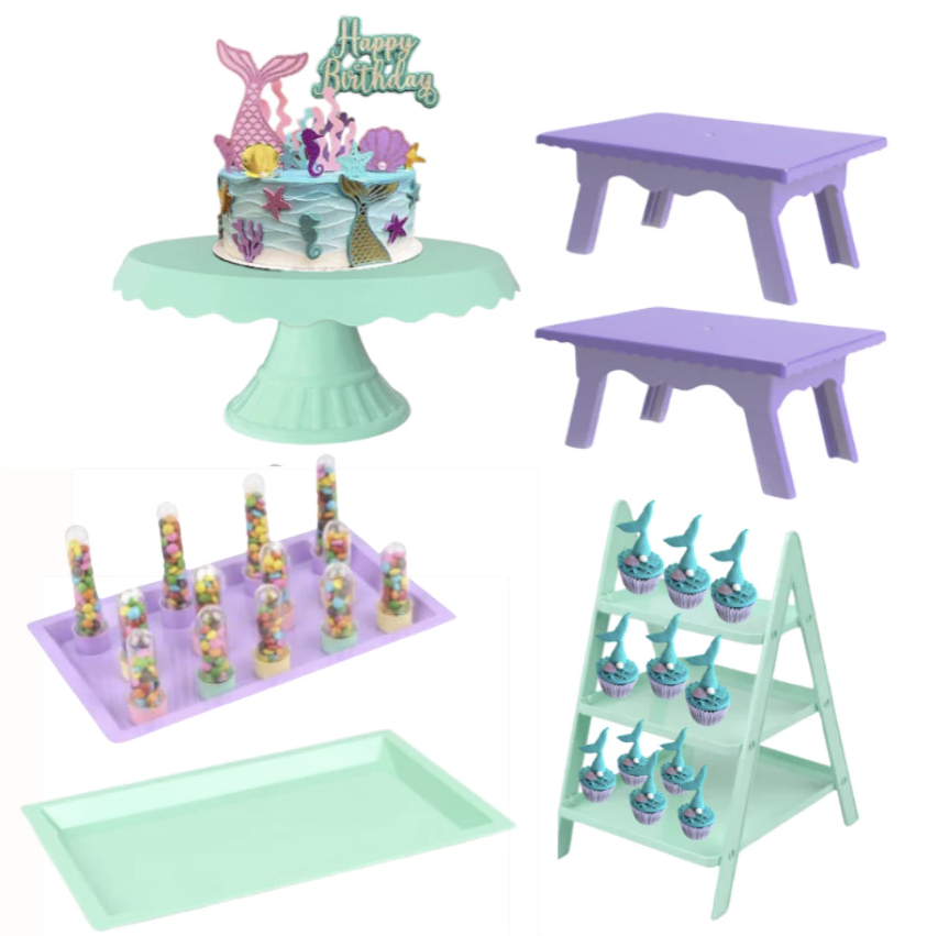 Festa Sereia Kit para Mesa de Bolo composto de Boleira, Bandeja, Escadinha para montar a decoração da Festa Sereia